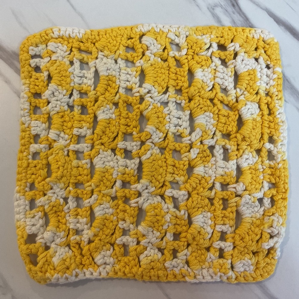 Handmade Crochet Dishcloth Yellow White Variegated Cotton Square 8.5 Inch